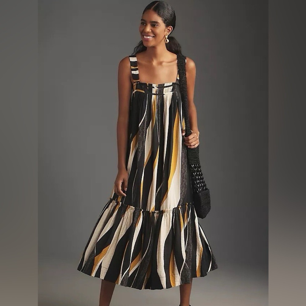 Anthropologie Black, White & Mustard Striped Midi Sundress